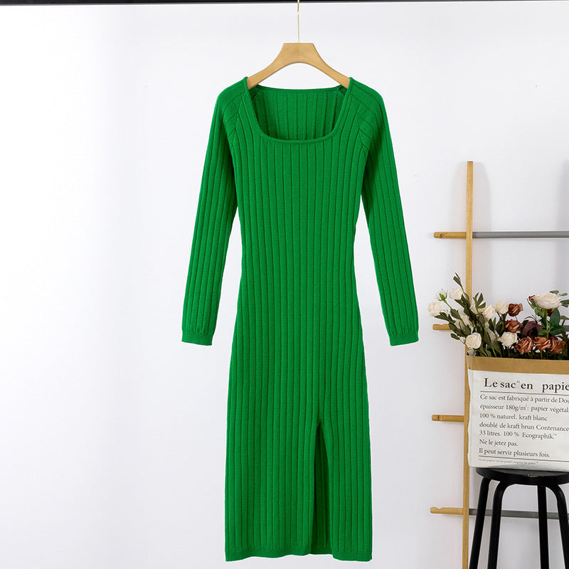 Damen Langarm-Strickkleid mit Quadratausschnitt und Rippstruktur WW