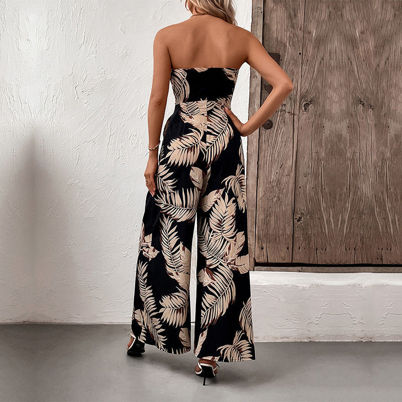 Damen Maxikleid im eleganten Bandeau-Stil mit farbenfrohem Blattdruck und taillierbarem Gürtel WW