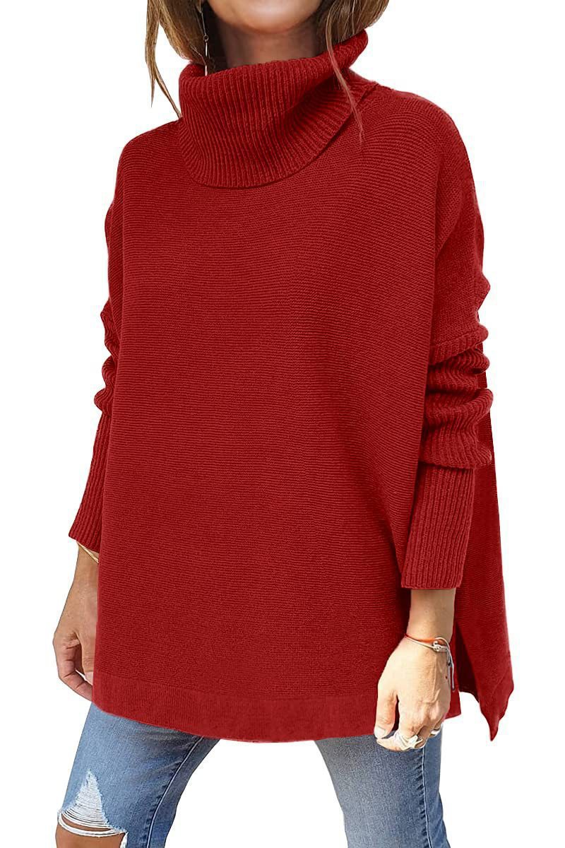 Damen Strickpullover mit hohem Kragen und seitlichen Schlitzen WW