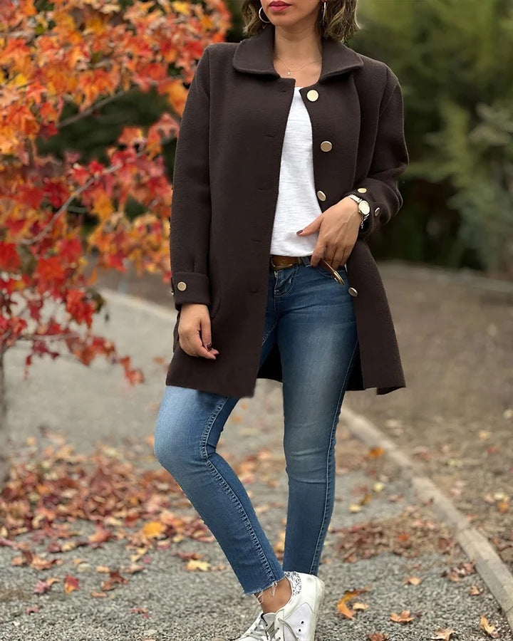 Damen modischer Mantel mit glänzenden Knöpfen und klassischem Kragen WW
