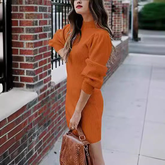 Damen Strickkleid mit hohem Kragen und Puffärmeln WW