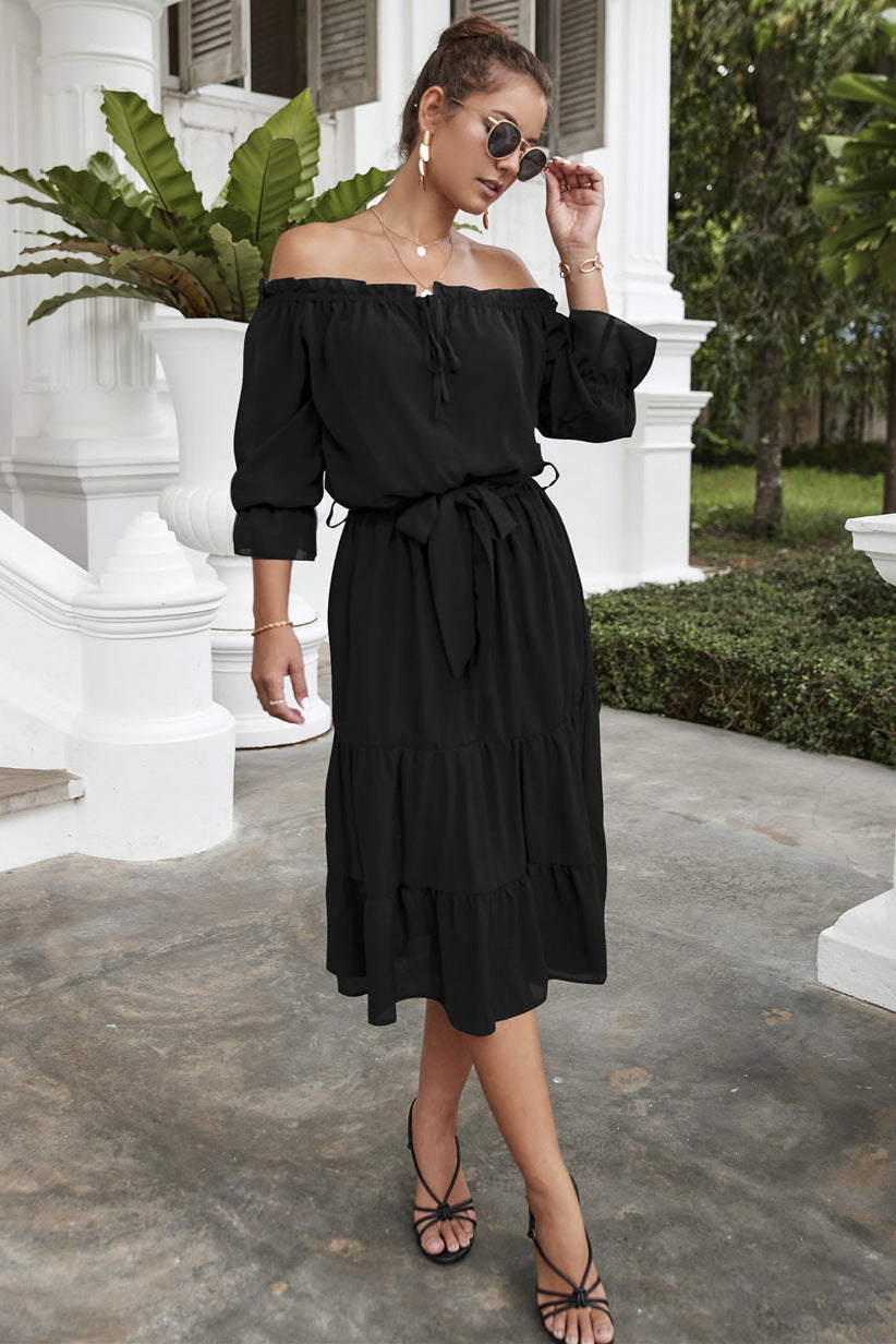 Damen Off-Shoulder Maxikleid mit eleganter Taillierung und voluminösen Rüschendetails WW