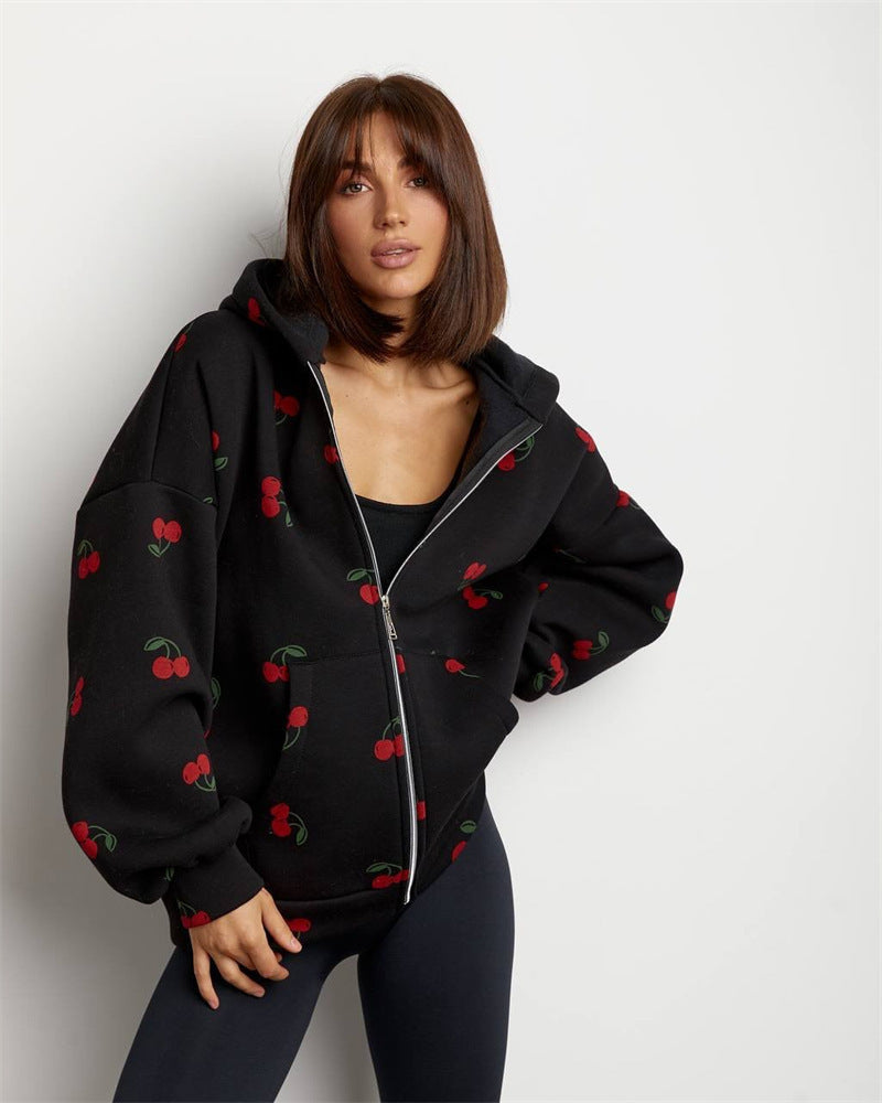 Damen Kapuzenjacke mit frischem Kirschmuster und übergroßem Schnitt WW