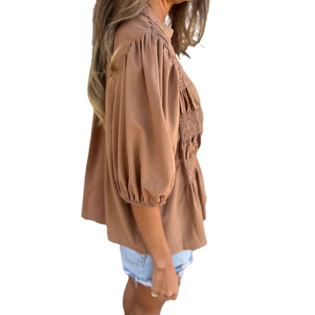 Damen elegante Bluse mit Raffung und durchgehender Knopfleiste WW