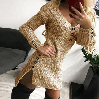 Damen Strickkleid mit V-Ausschnitt und Knopfdetails WW