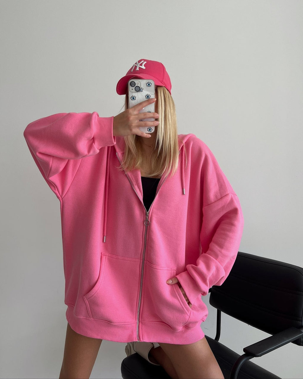 Damen oversized Kapuzenjacke mit durchgehendem Reißverschluss und Taschen WW