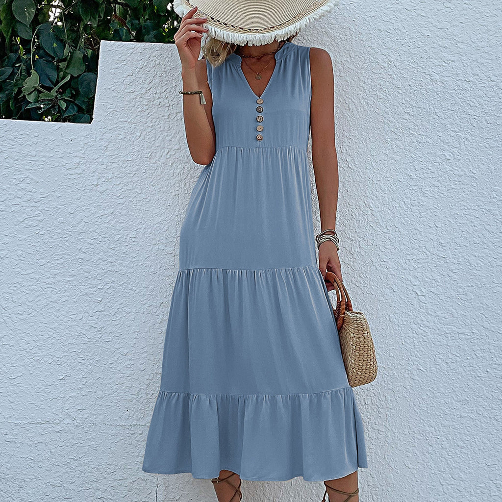 Damen Maxikleid mit Knopfdetail und voluminösem Rock WW