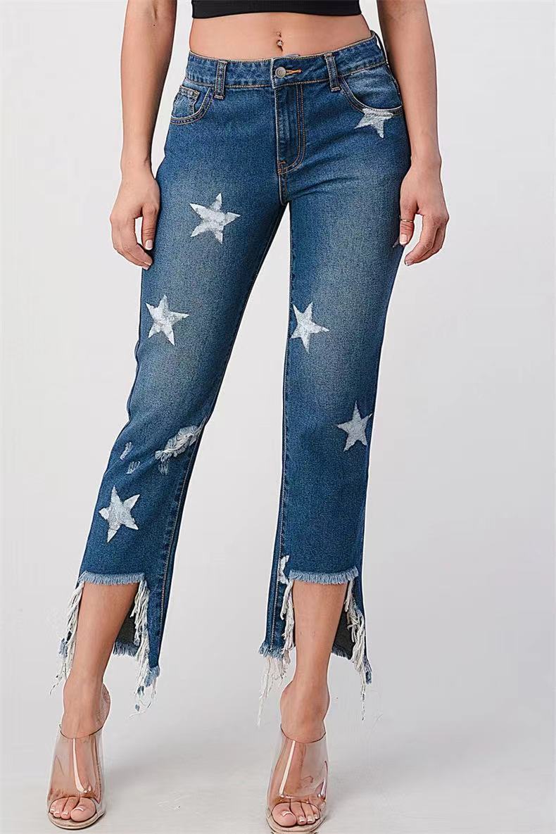 Damen modische Jeans mit Sternen-Design und fransigem Saum WW