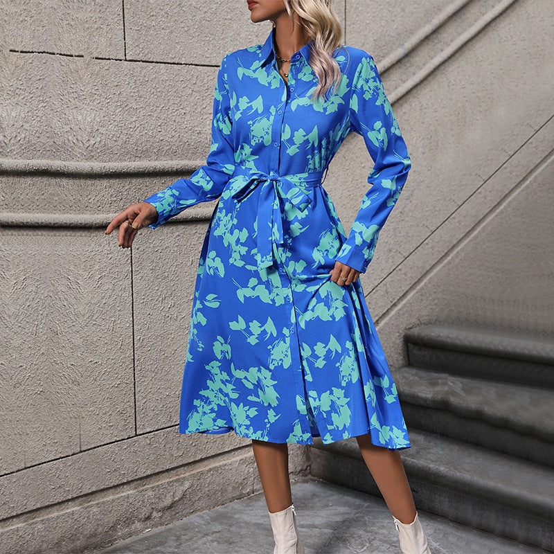 Damen langärmliges Maxikleid mit floralen Mustern und elegantem Gürtel WW