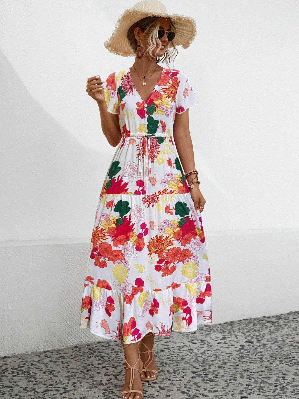 Damen Maxikleid mit vorderem Schlitz und floralem Design WW