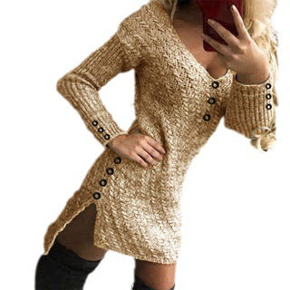 Damen Strickkleid mit V-Ausschnitt und Knopfdetails WW