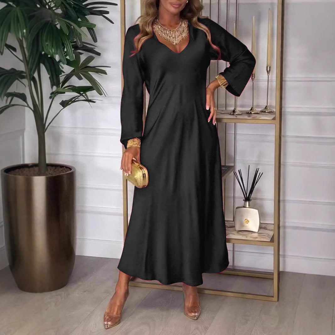 Damen elegantes Maxikleid mit tiefem V-Ausschnitt und fließendem Schnitt WW