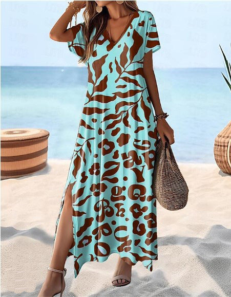 Damen Maxikleid mit modischem Tiermuster und seitlichen Schlitzen WW