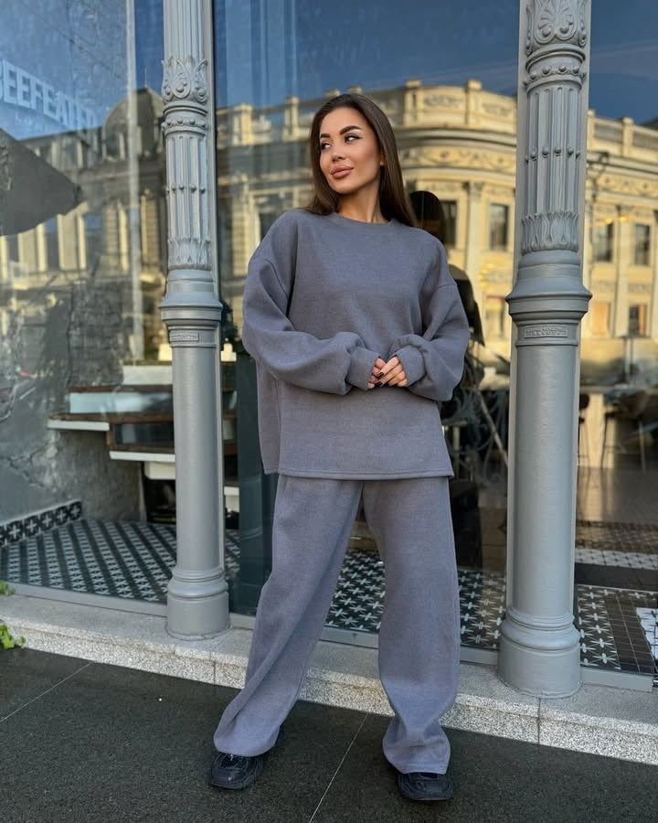 Damen lässiges Fleece-Loungewear-Set mit weichem Oversized-Pullover und bequemen Hosen WW
