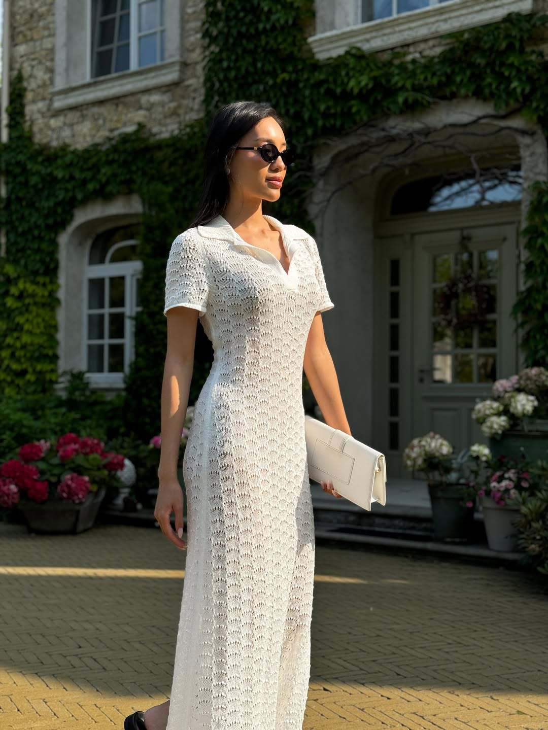 Damen Strickkleid mit raffiniertem Lochmuster und Polo-Kragen WW