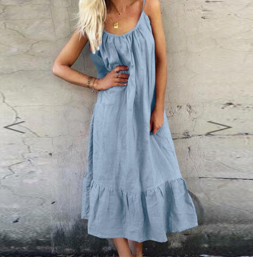 Damen leicht fließendes Spaghettiträgertop Maxikleid mit Rüschensaum WW