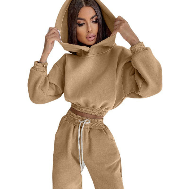 Damen modisches Set aus lässigem Hoodie mit elastischem Bund und Freizeit-Hose WW
