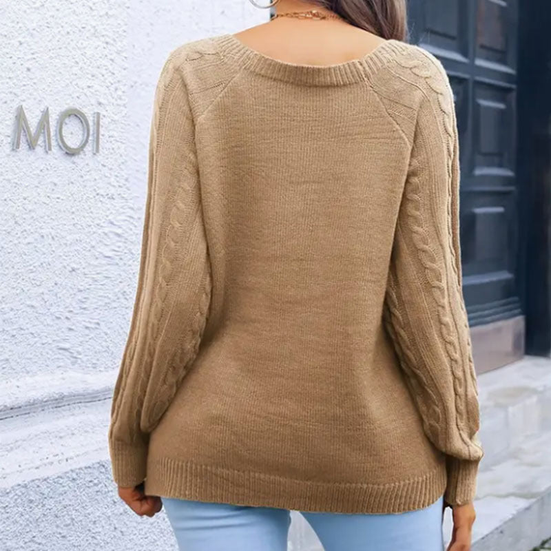 Damen eleganter Pullover mit Zopfmuster und dekorativen Knopfdetails WW