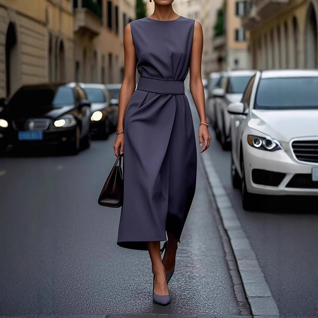 Damen gehobenes Maxi-Kleid mit elegantem Taillengürtel und fließendem Schnitt WW
