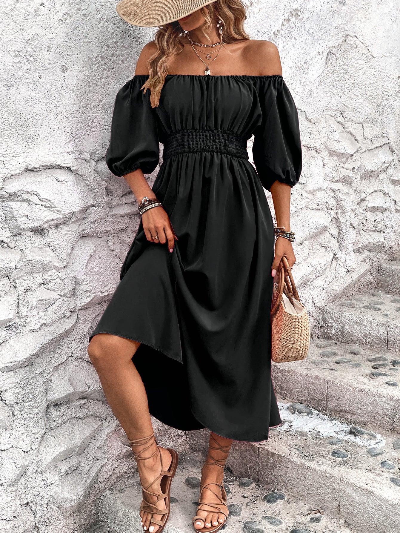 Damen Maxikleid mit schulterfreiem Ausschnitt und elastischem Taillenbund WW