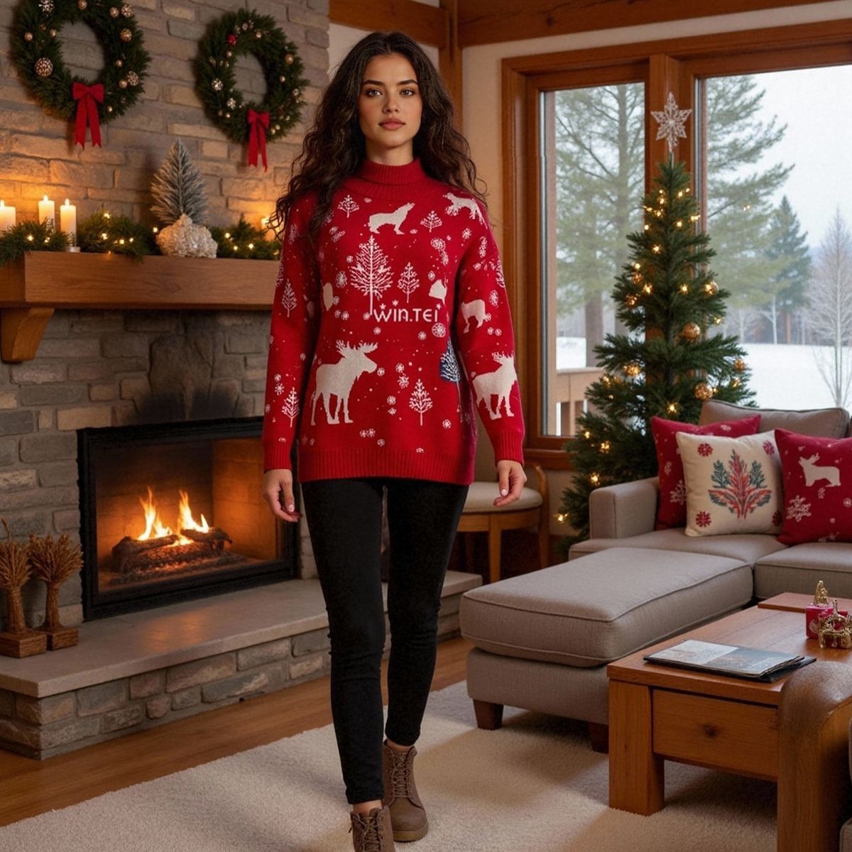 Damen winterlicher Weihnachts-Pullover mit festlichem Elch-Design und hochgeschlossenem Kragen WW