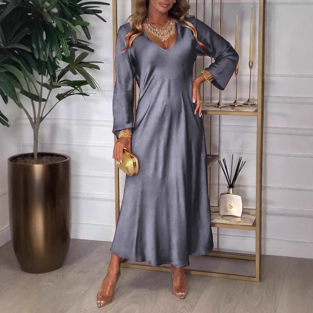 Damen elegantes Maxikleid mit tiefem V-Ausschnitt und fließendem Schnitt WW