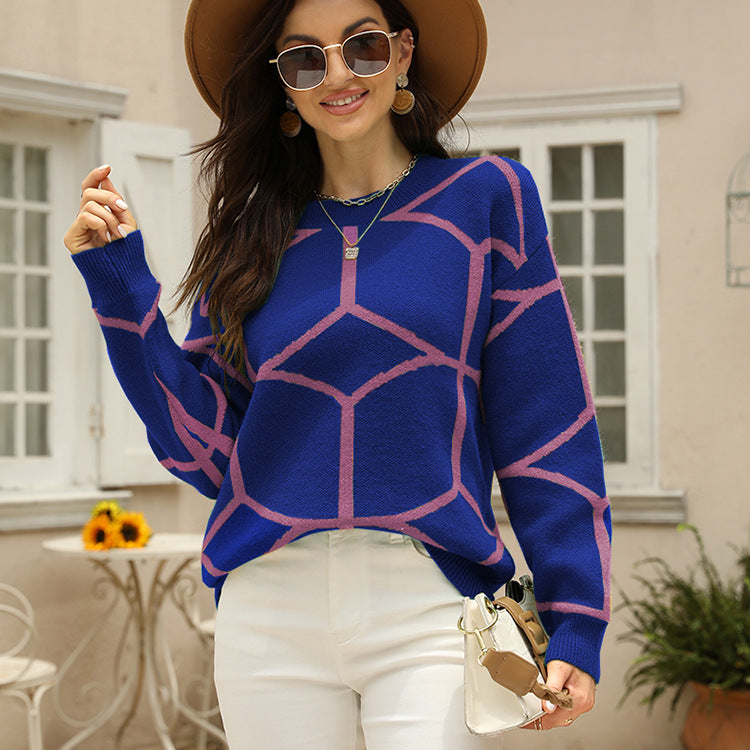Damen strukturiertes Pullover mit geometrischem Muster und lässigem Schnitt WW