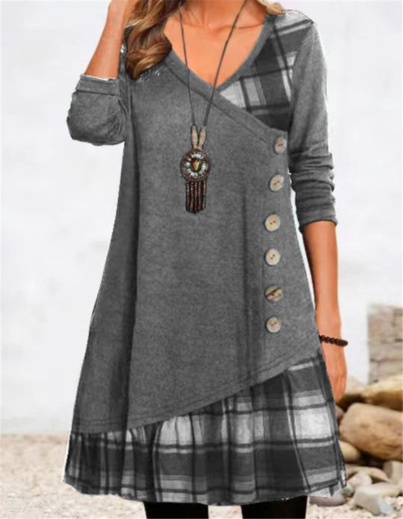 Damen modisches Wickelkleid mit Karomuster und Knopfdetails WW