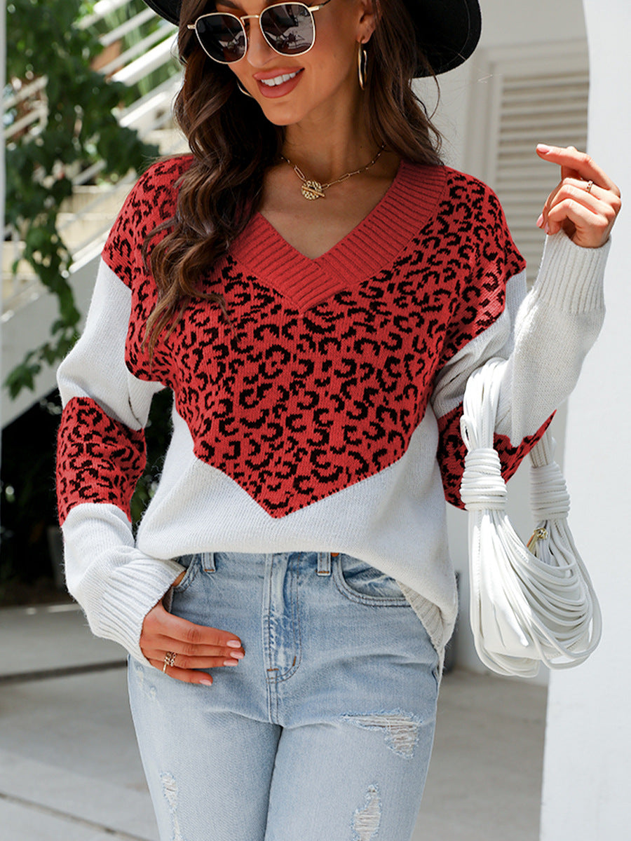 Damen Modischer Pullover mit einzigartigem Leopardenmuster und V-Ausschnitt WW