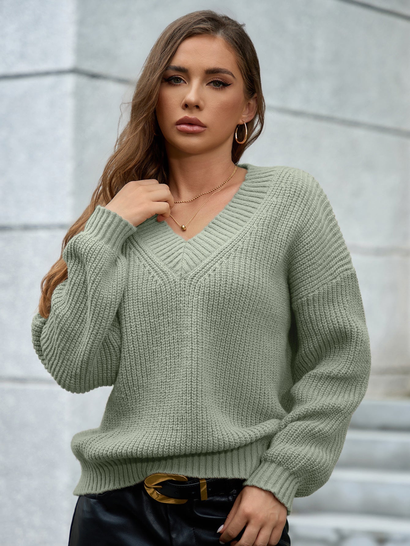 Damen gemütlicher V-Ausschnitt Strickpullover mit lockerem Schnitt und strukturiertem Muster WW