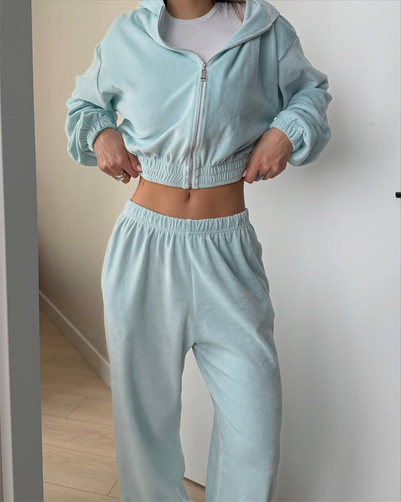 Damen sportliches Cropped-Set mit Kapuzenjacke und elastischer Jogginghose WW