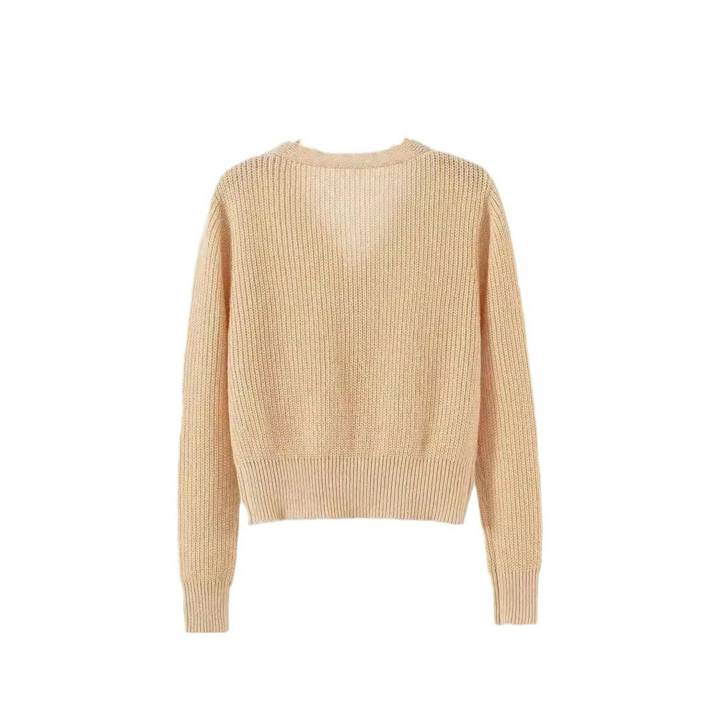 Damen modischer Grobstrick-Pullover mit Knopfleiste und tiefem V-Ausschnitt WW