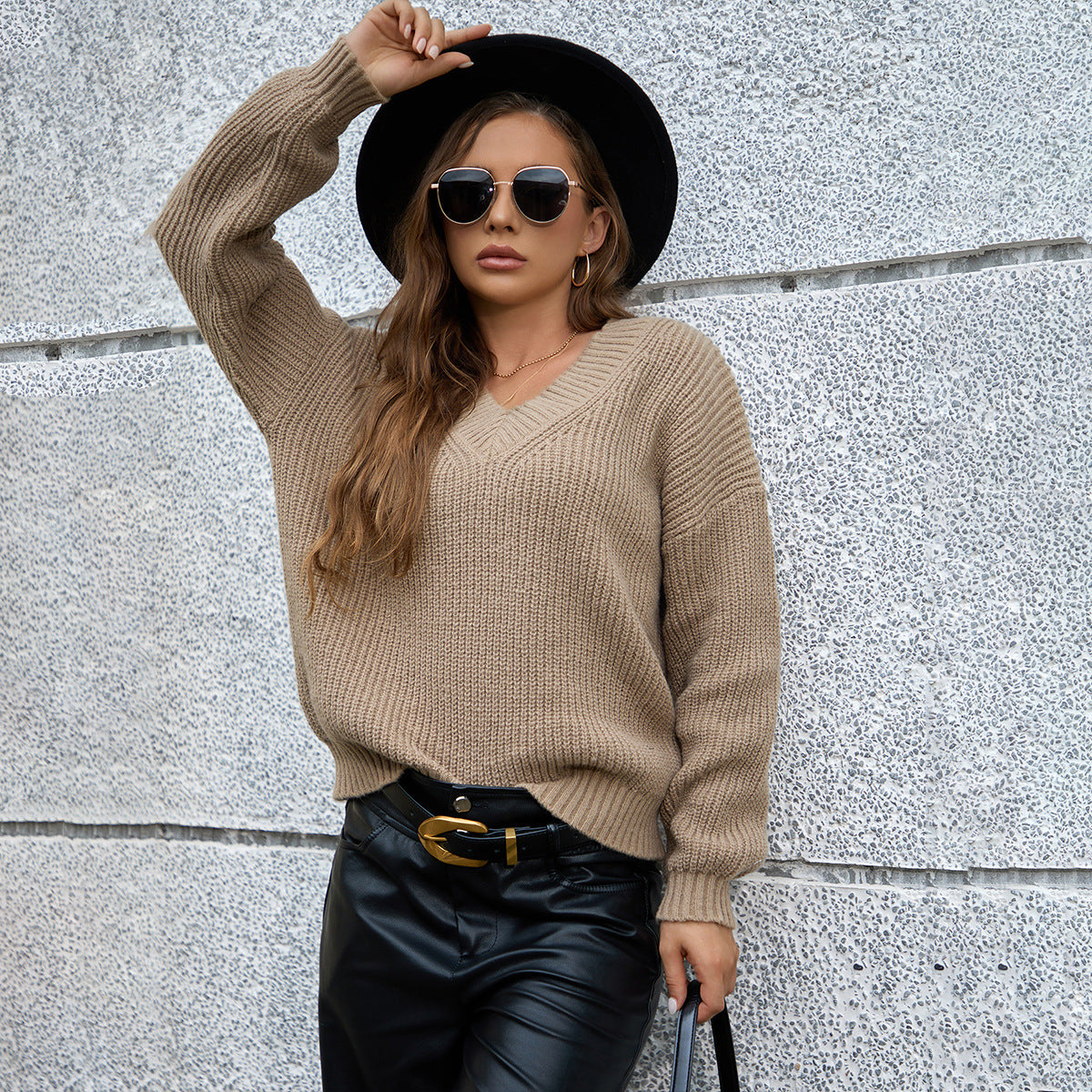 Damen gemütlicher V-Ausschnitt Strickpullover mit lockerem Schnitt und strukturiertem Muster WW