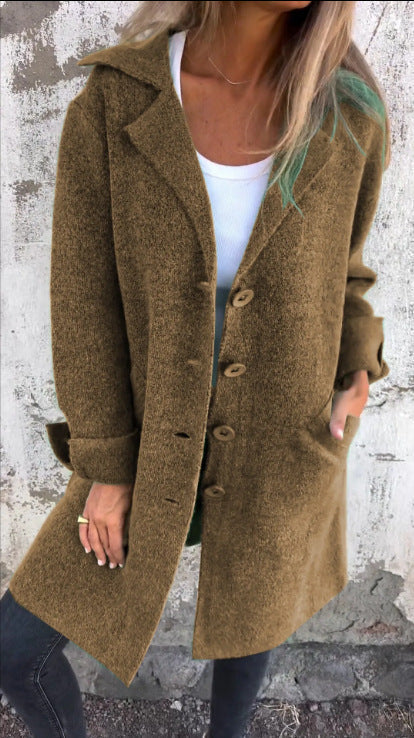 Damen Eleganter Oversize-Wollmantel mit Durchgehender Knopfleiste und Praktischen Taschen WW