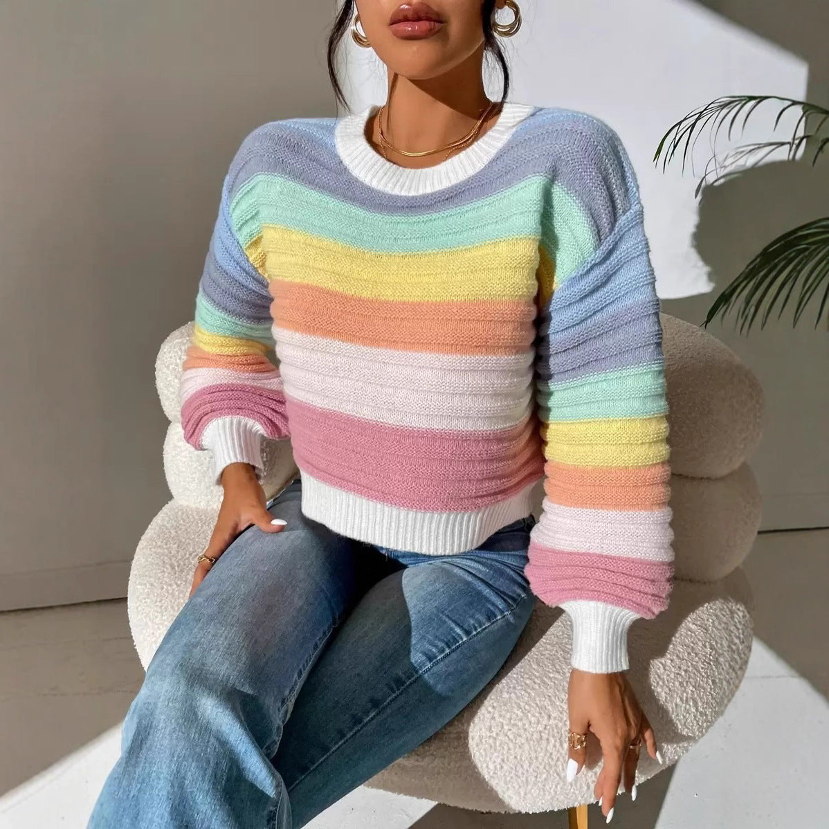 Damen Modischer Strickpullover mit Volumenärmel und Randdetails WW