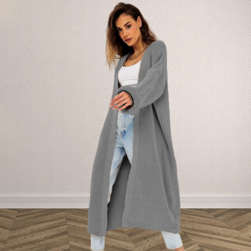 Damen Langer gestrickter Cardigan mit lässigem Schnitt und strukturierter Textur WW