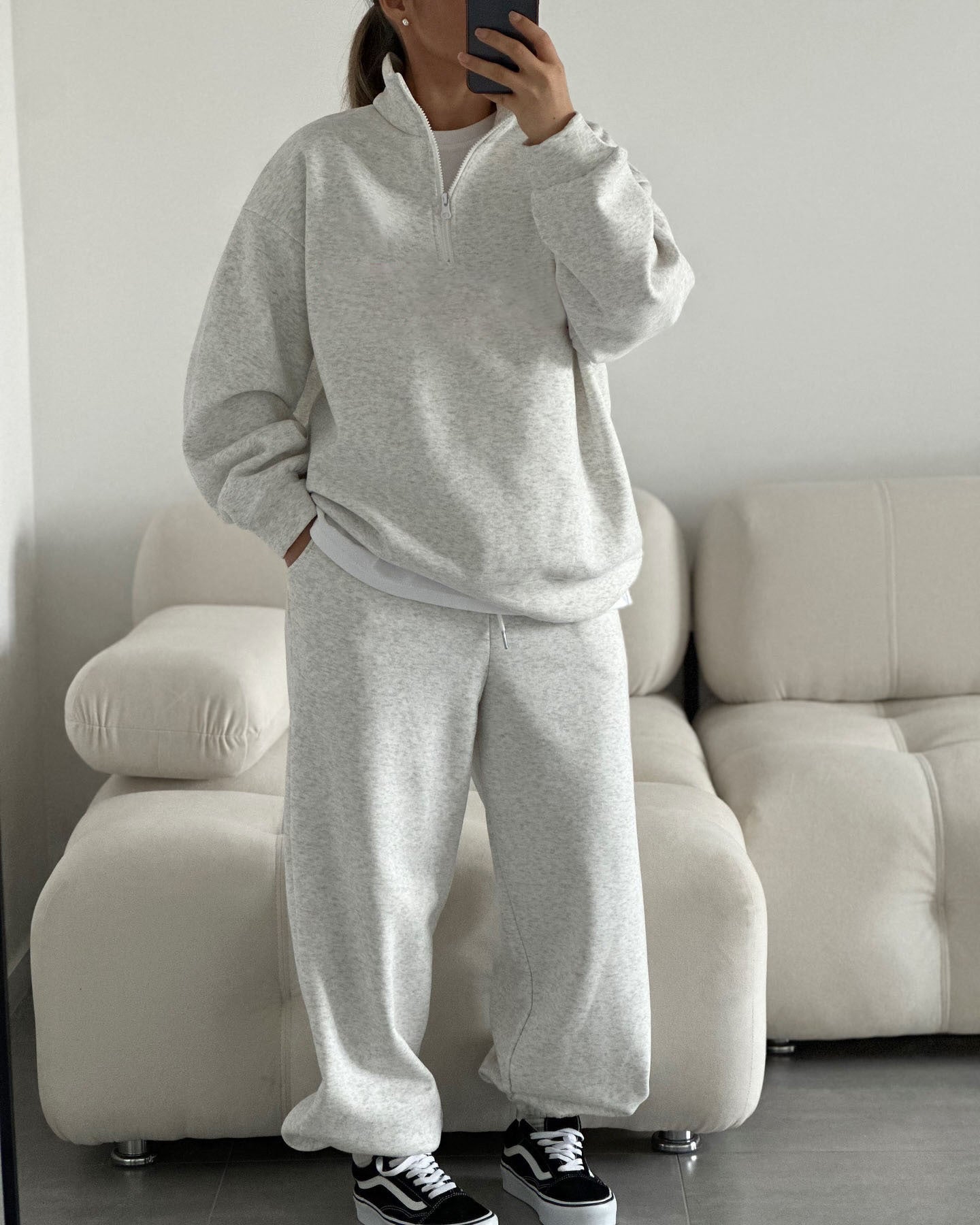 Damen gemütliches Fleece-Loungewear-Set mit Stehkragen und Reißverschluss WW