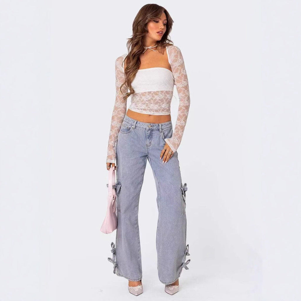 Damen lässige Cargo-Jeans mit stylischem Schleifen-Detail WW