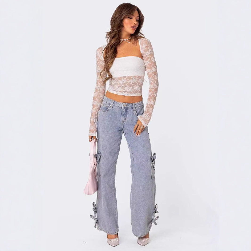 Damen lässige Cargo-Jeans mit stylischem Schleifen-Detail WW