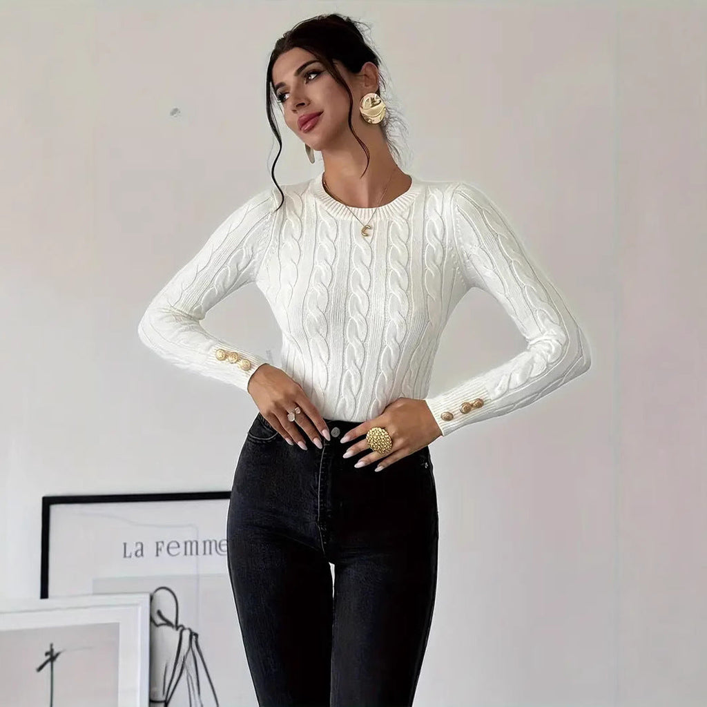 Damen Grobstrick Pullover mit dekorativen Knopfdetails WW