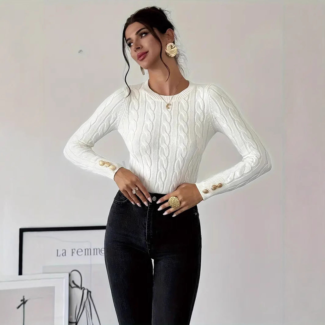Damen Grobstrick Pullover mit dekorativen Knopfdetails WW