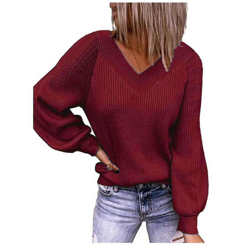 Damen Strickpullover mit V-Ausschnitt und voluminösen Ärmeln WW