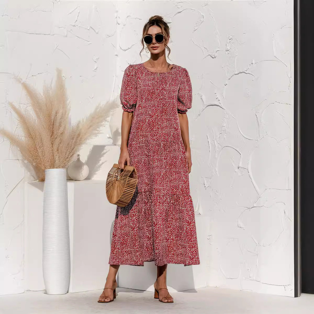 Damen Maxikleid mit Karomuster und voluminösen Puffärmeln WW