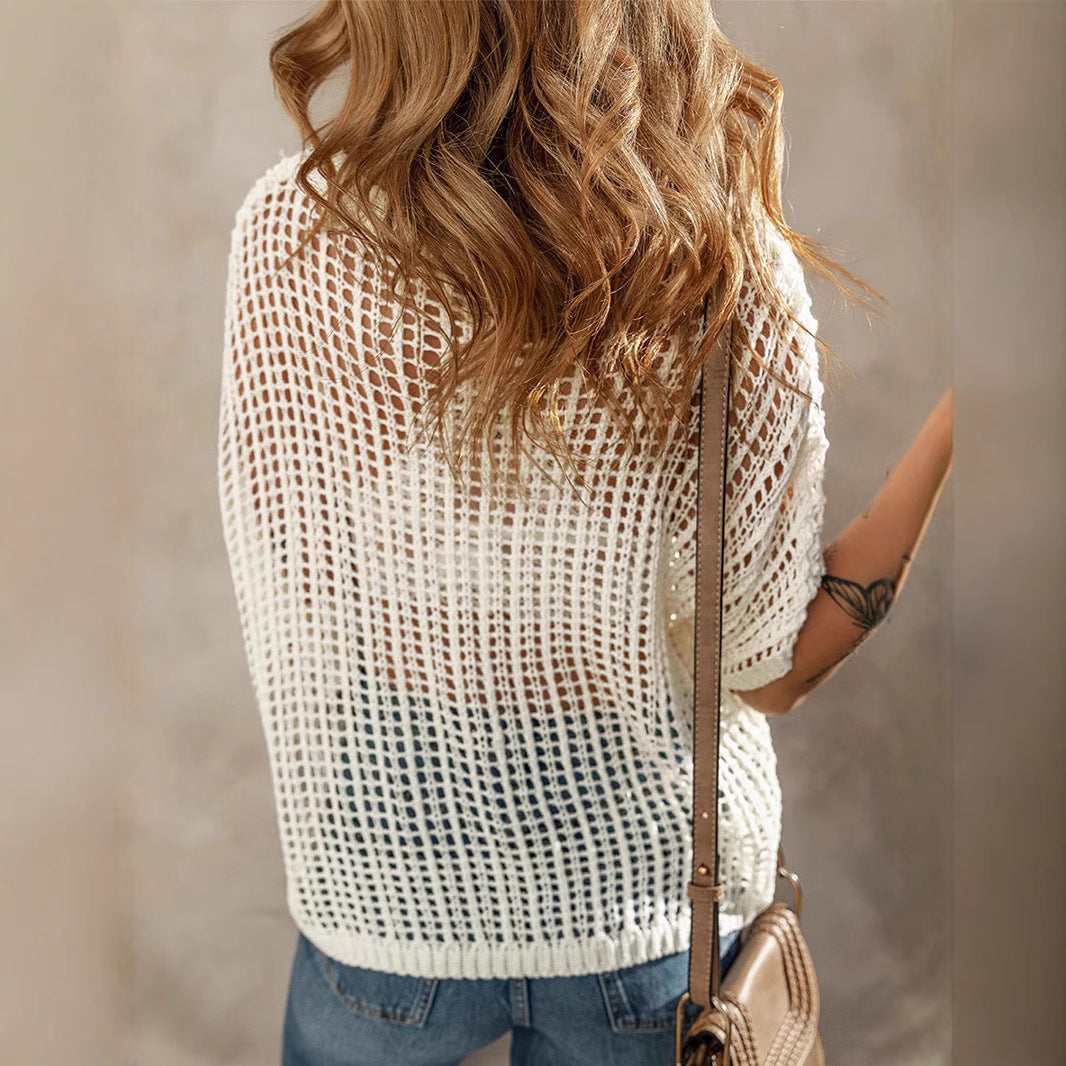 Damen modischer Grobstrick Pullover mit bunten floralen Applikationen WW