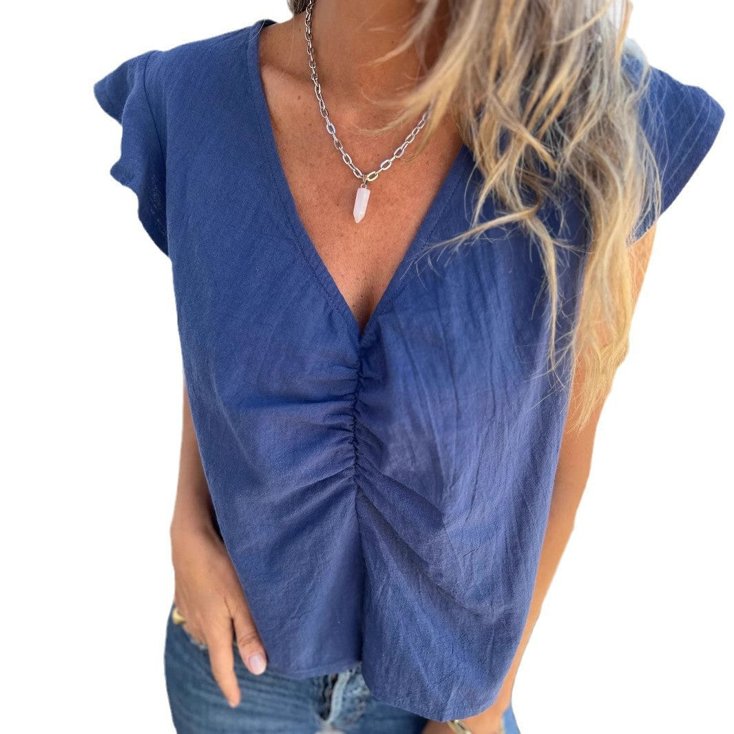 Damen luftige Bluse mit Raffung und Volantärmeln WW