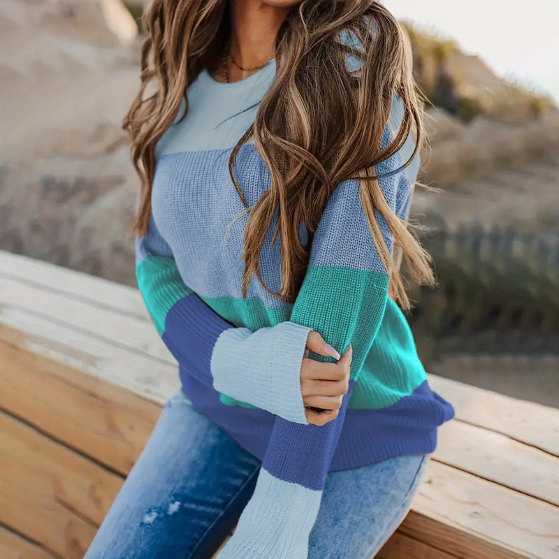 Damen modischer Strickpullover mit modernem Streifen-Design und langen Ärmeln WW