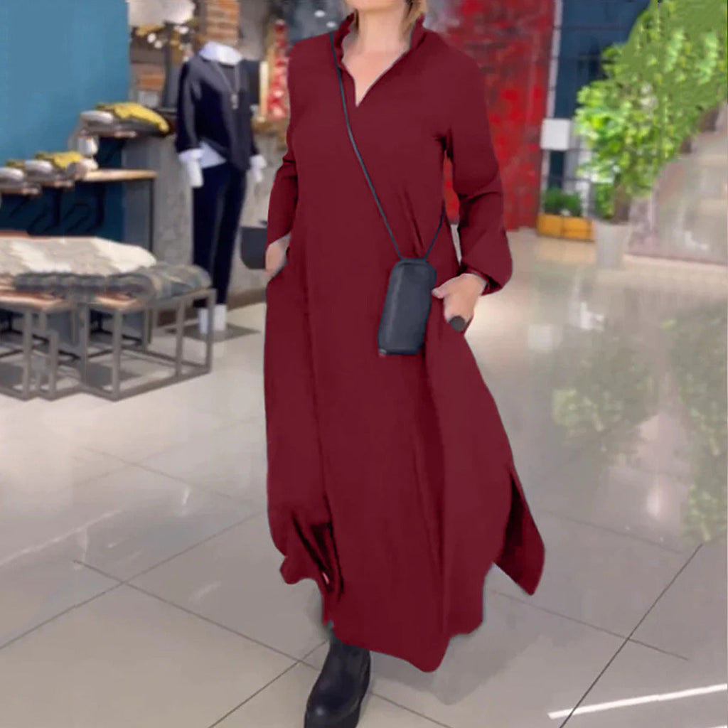 Damen elegantes Maxikleid mit praktischen Taschen und modernem Stehkragen WW