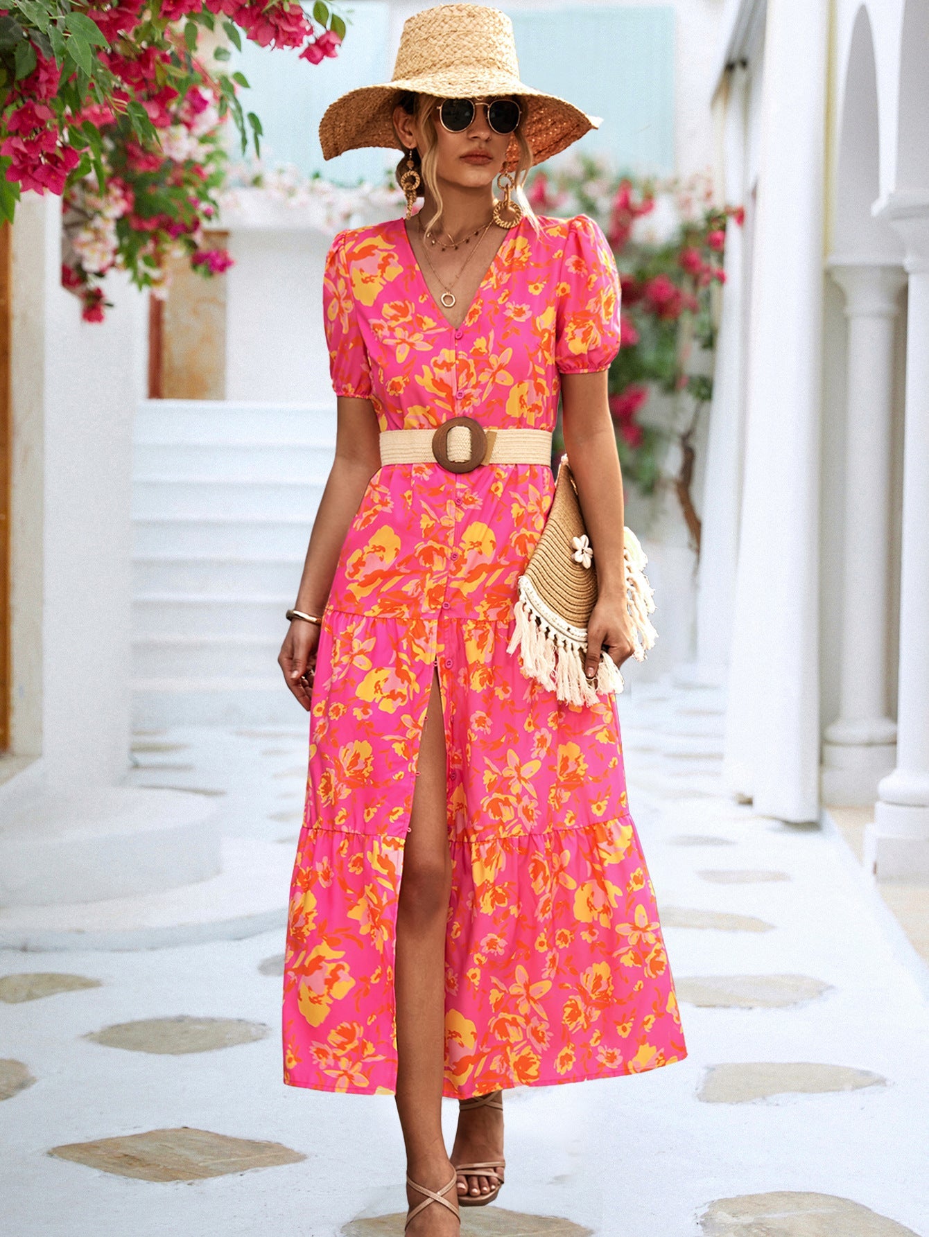 Damen Midi-Kleid mit voluminösen Puffäpfeln und floralem Design WW
