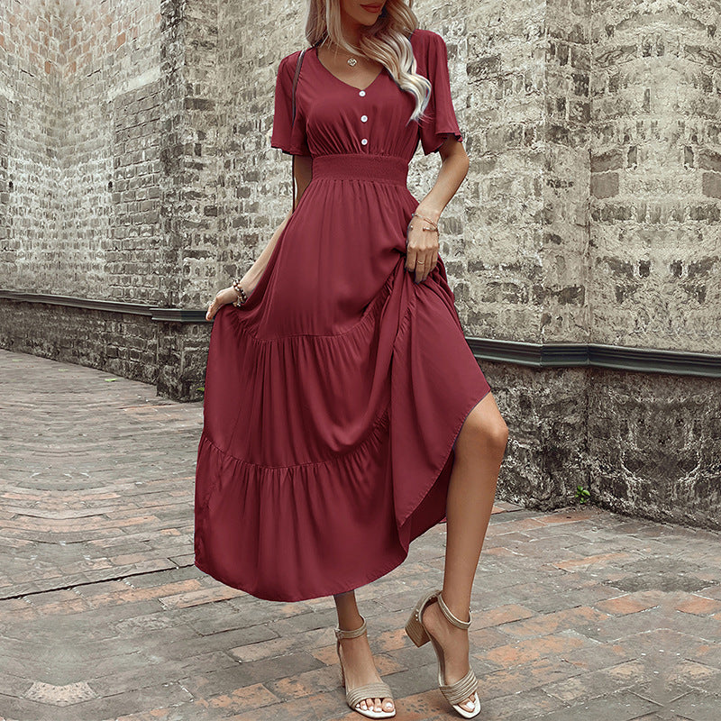 Damen Maxikleid mit V-Ausschnitt und fließendem Rock WW