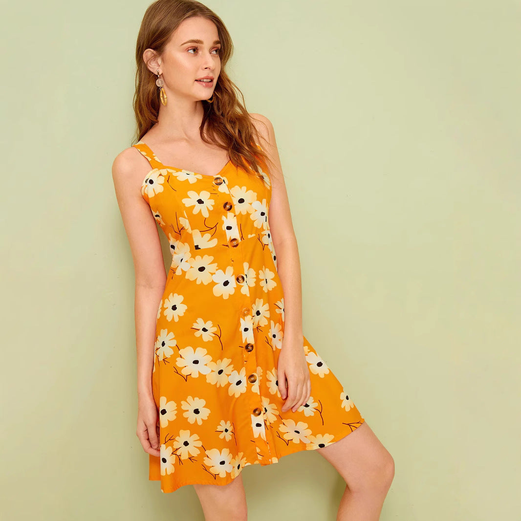Damen Sommerkleid mit Blumenmuster und Knopfleiste WW